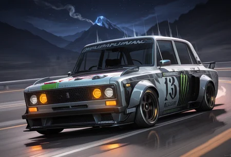 masterpiece, best quality, Graphic Design, color art, vibrant colors, colorful, intricate details, high contrast, detailed background, beautiful detailed, beautiful face, detailed eyes, detailed face, new, newest, no humans, vehicle focus, zh1g4, car, road, mountain, white car, spoiler (automobile), neon, drifting, smoking tires, anime, motion lines, speed effect, turned wheels, driving, dark, night, headlights,
