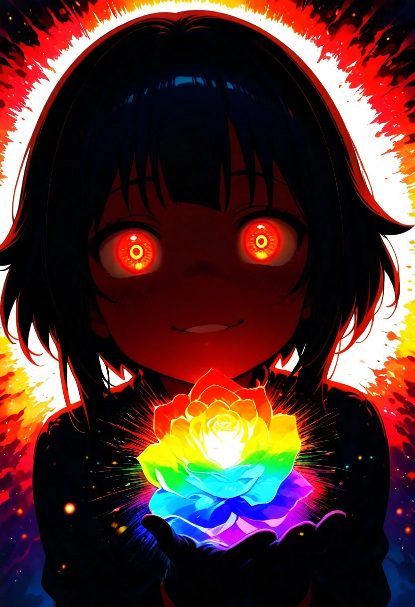 Megumin, masterpiece, best quality, amazing quality, very aesthetic, absurdres, 1 girl, backlighting, brown hair, red magical glowing eyes, narrow eyes, magic circles, sweet expression, looks at the flower, close-up of face, face in shadow, body in shadow, dark setting, beautiful black dress, gloves on her hands, thin lips, narrow mouth, cat's smile, solo upper body, angle from above, Dutch angle, hand near the face, holding a flower, rose, rainbow, crystal, fragile, transparent, luminous, magical rose, very beautiful, bright magical particles, smoke, fog, multicolored, small, colorful, explosion of colors, soft light, vibrant colors, multicolored rainbow light, focus on face, lots of soft light and colorful particles, colorful, masterpiece, best quality, amazing quality, very aesthetic, absurdres, newest, soft light, explosion of colors, masterpiece, best quality, colorful, bright, multicolored, bright colors of paint, masterpiece, best quality, amazing quality, very aesthetic, absurdres, lots of multicolored rainbow light, focus on the face, lots of soft light, soft colors, lots of colorful particles, dark, hard to see,