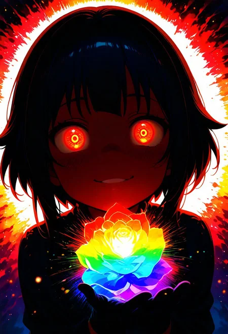 Megumin, masterpiece, best quality, amazing quality, very aesthetic, absurdres, 1 girl, backlighting, brown hair, red magical glowing eyes, narrow eyes, magic circles, sweet expression, looks at the flower, close-up of face, face in shadow, body in shadow, dark setting, beautiful black dress, gloves on her hands, thin lips, narrow mouth, cat's smile, solo upper body, angle from above, Dutch angle, hand near the face, holding a flower, rose, rainbow, crystal, fragile, transparent, luminous, magical rose, very beautiful, bright magical particles, smoke, fog, multicolored, small, colorful, explosion of colors, soft light, vibrant colors, multicolored rainbow light, focus on face, lots of soft light and colorful particles, colorful, masterpiece, best quality, amazing quality, very aesthetic, absurdres, newest, soft light, explosion of colors, masterpiece, best quality, colorful, bright, multicolored, bright colors of paint, masterpiece, best quality, amazing quality, very aesthetic, absurdres, lots of multicolored rainbow light, focus on the face, lots of soft light, soft colors, lots of colorful particles, dark, hard to see,