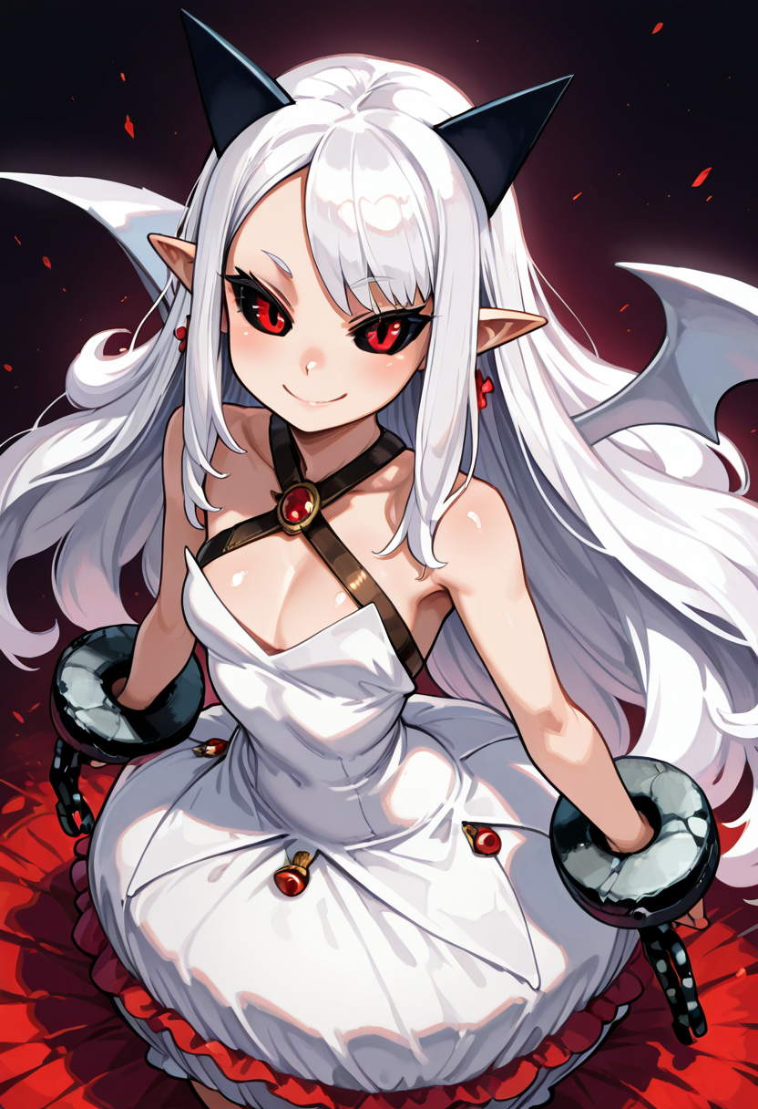 masterpiece, best quality, solo, curvy, beautiful eyes,  narrow waist, shiny skin,zzPram, 1girl, solo, long white hair, horns, pointy ears, red eyes, black sclera,,, jewelry, dress, bubble skirt, earrings, chain, bat wings, albino, shackles, criss-cross halter, ,<lora:PramPhantomKingdom_IXL_v1:1.0>, from above, dynamic pose, cowboy shot, smile, looking at viewer, shiny skin,