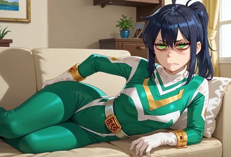 score_9, score_8_up, score_7_up, BREAK,
1girl, solo, sentaisaintforce, green bodysuit, silver belt, white gloves, spandex, m-shaped chest symbol, helmet removed, no headwear, reneegr, black hair, ponytail, sidelocks, long hair, green eyes, jitome, (bags under eyes:1.5), frown, annoyed, tired, looking at viewer, on side, hand on hip, indoors, room, sofa, Expressiveh