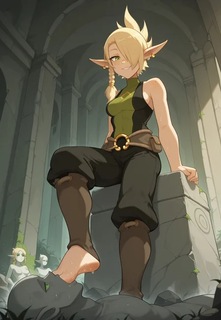 SFGFIL, foot in mouth, newest,, masterpiece, best quality, very aesthetic, HDR, ultra-detailed, anime, 748cmstyle, mythp0rt, femdom, hetero, forced, standing, from below,
1girl, illucleo, ((pointy ears)), ((freckles)), earrings, jewelry, (blonde hair, single braid, side braid, hair over one eye), green eyes, sleeveless, bare shoulders, belt, boots, ((medium breasts)), ((ancient lost city, eternal mist, broken elemental temples, floating stone ruins, faded banners, magical runes glowing faintly, overgrown pathways, silence and whispers, time-frozen architecture, mystical energy lingering, forgotten battleground, cold wind, distant echoes, eerie light, crumbling statues, ghostly ambiance)), smelly:1.9, sweaty:1.9, steamy feet:1.9, evil smug, skindentation, skinny, rock, sitting on the rock,
1boy, lying, Foot Sucking