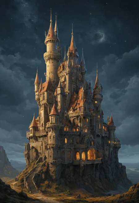castle on the night, Illustration by moebius, Heather Theurer,aaron horkey,Greg Rutkowski,artstation,deviantart,FAN ART,Unreal Engine,face enhance,8K,golden ratio,cinematic lighting <lora:add-detail-xl:0.7>, <lora:xl_more_art-full_v1:0.7>