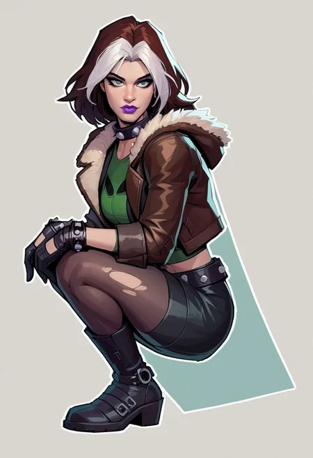score_9, score_8_up, score_7_up, score_6_up, {Rogue, marvel}, 1girl, pale skin, lilac lips, lilac makeup, short brown hair with white bangs, EVOrogue, black sports bra, studded collar, green mesh top (covered chest), green transparent blouse, long sleeves, gray eyes, black leather skirt, black tights, big black boots, studded bracelets, leather gloves, brown bomber jacket, fur trim, hood,
casual clothes, goth outfit,
detailed face, pretty face, outline, cel-shading, sketch,
Crouching, closed legs, view from the side,