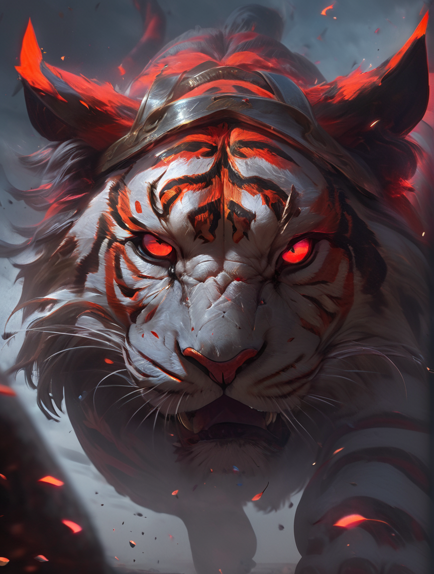 absolutelly epic and ominous masked tiger,animal,protected by raging vortex of glowing shards of destruction,heavy armor ,cinematic,trending,awardwinning,8k,bldmoon,cloudy sky,oriental,full moon,red glowing eyes,<lora:bloodmoonXL-step00000250:0.6>,zhelong zhu,aleksi briclot,ryan hewett,octane render,unreal engine 5,ray tracing,trending on artstation,splash art,official art
