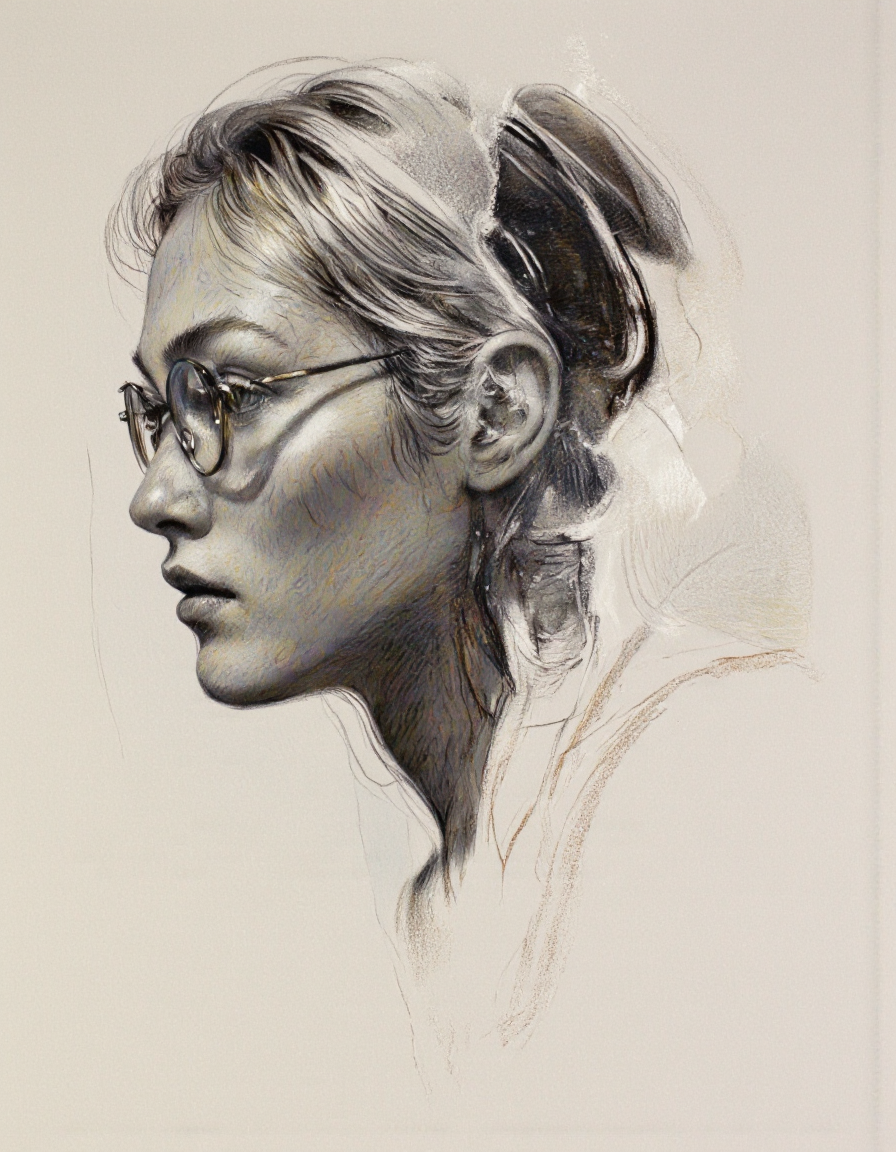 Art by Thomas Haller Buchanan.
This is a highly detailed, monochromatic pencil drawing of a woman's profile, captured in a realistic style on oiled paper.
The subject is a young woman with a strong, expressive profile. Her facial features are rendered in fine, intricate pencil strokes, showcasing a deep understanding of light and shadow. She has a prominent nose, full lips, and a strong jawline. Her eyes are partially visible, with a hint of a piercing gaze. She wears round, wire-rimmed glasses that reflect light, adding depth to her face.