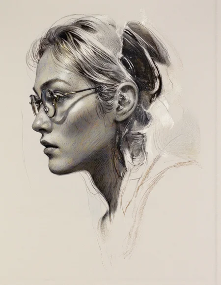 Art by Thomas Haller Buchanan.
This is a highly detailed, monochromatic pencil drawing of a woman's profile, captured in a realistic style on oiled paper.
The subject is a young woman with a strong, expressive profile. Her facial features are rendered in fine, intricate pencil strokes, showcasing a deep understanding of light and shadow. She has a prominent nose, full lips, and a strong jawline. Her eyes are partially visible, with a hint of a piercing gaze. She wears round, wire-rimmed glasses that reflect light, adding depth to her face.
