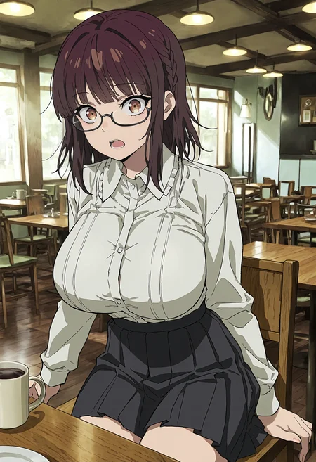 masterpiece, best quality, amazing quality, very aesthetic, absurdres, newest, scenery, 1girl, solo, huge breasts, surprised, open mouth, <lora:Fujimiya Sumika illustxl:0.9> brown eyes, under-rim eyewear, black-framed eyewear, brown hair, braid, blunt bangs, sidelocks, medium hair, white shirt, collared shirt, frills, long sleeves, black skirt, pleated skirt, miniskirt, cafe, indoors, sitting, on chair, table, coffee mug, Plate, looking at viewer, anime screenshot, masterpiece, best quality, amazing quality, very aesthetic, absurdres, newest, scenery, volumetric lighting