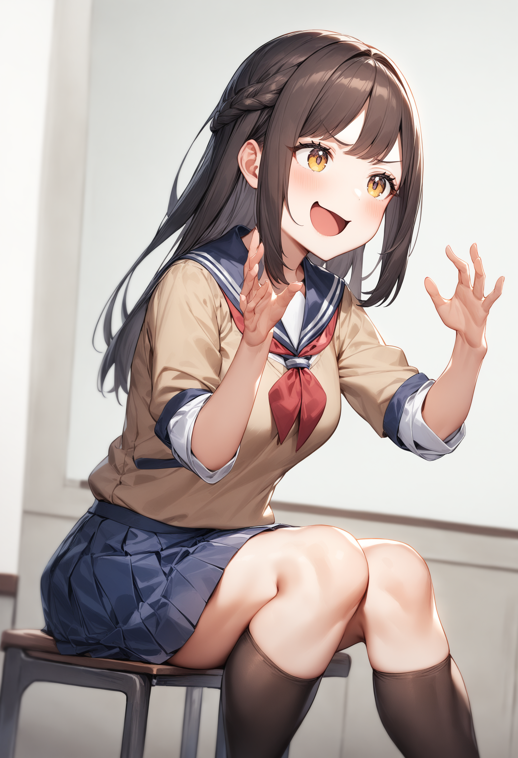 1girl, <lora:sdxl2-flat2-512b:-1>,medium breasts,school uniform,
potters wheel pose,<lora:potterswheelpose_XL_v1:0.7>open mouth, hands up, outstretched hand, sitting, looking away,
from behind, feet out of frame,  smug face, plateau,
masterpiece, best quality, very aesthetic, absurdres