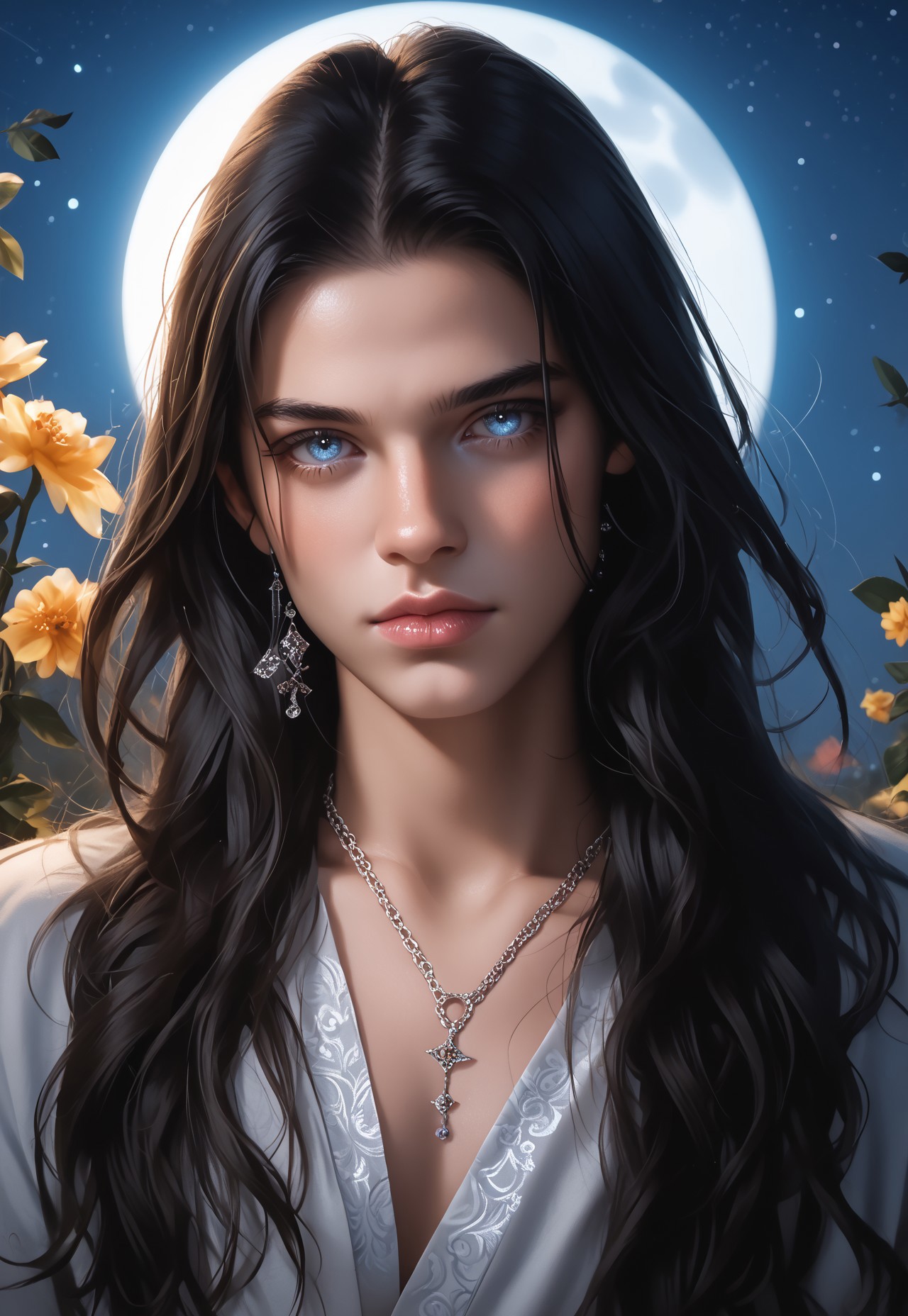 score_9, score_8_up, score_7_up, score_6_up, score_5_up, score_4_up, 32KM4G1C Style, moon, 1boy, male focus, solo, jewelry, necklace, full moon, long hair, night, blue eyes, looking at viewer, black hair, realistic, flower, night sky, leaf, upper body, moonlight, lips, sky