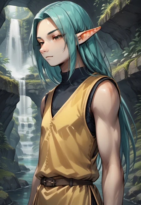 Caitis, 1 person, Lapanya, light skin, teal hair, ((tall)), solo, pointy ears, snout nose, brown eyes, long hair, sleeveless vest,
half-lidded eyes,
((Megaman zero style, medieval style)):1.0, Dutch angle, side view,
Organic cavern, underground, luminous moss, smooth walls,
highly detailed face, high quality, best quality, masterpiece, score: 9, score: 8 up, rating: safe, ((source: anime)),