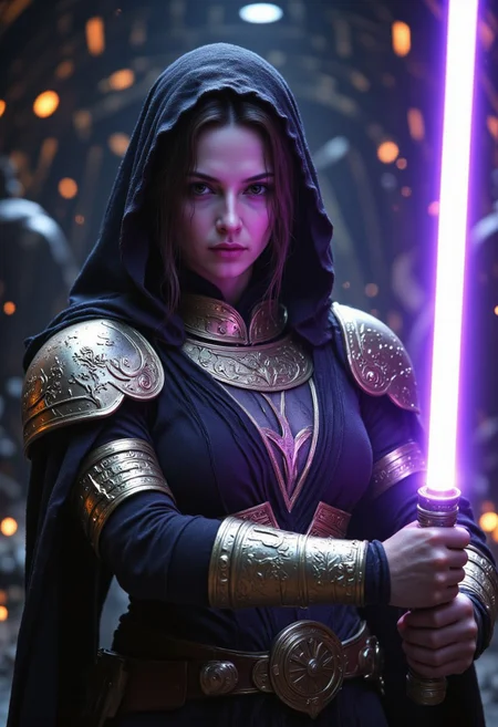 realistic, PHOTOREALISTIC, ((perfect anatomy)), (futuristic warrior holding purple lightsaber:1.3), 25 years old, perfect quality, high quality,(sci-fi, star wars, jedi knight, empress, married), Jaina solo, big brown eyes, dark brown hair, long straight intricate hair, athletic female, ((fitness models, muscle detail, detailed muscle)), long athletic muscular legs, athletic round muscular butt, athletic hips, perfect breasts, perfect body, epic, long hair, intricate hairstyle, cute, soft skin, soft skin, textured skin ,shining glossy skin, soft abs, athletic waist, (slender body), sci-fi, futuristic, ((intricate transparent flowing sheer jedi robes showing sexy body underneath:1.2, armor parts on body:1.2, marble armor:1.2, greave, boots)), glowing Kintsugi tattoos on body:1.3, Expressiveh, (volumetric lighting:1.2), cinematic, cinematic lighting, reflections, ultra hd, visual effects, graphic effects, ambient occlusion, raytracing, soft lighting, realistic, blum effect, masterpiece, absolutely eye-catching, particles, glow, shining, (intricate cinematic background, on space station, outer space in background, Jaina is leaping into the air towards unseen sith lord swinging her lightsaber at them, god rays), (beautiful face), R3alisticF, Perfect hand, Detailed hand, 5 fingers on each hand