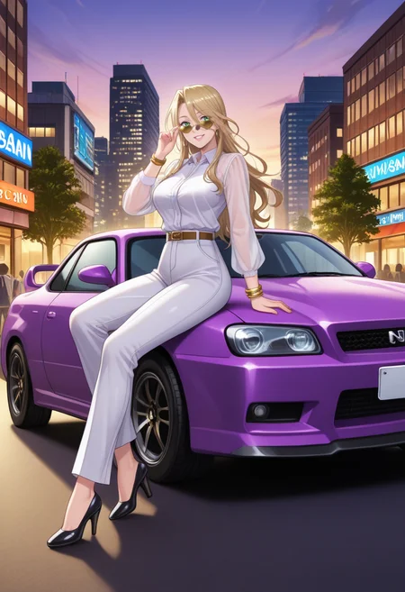 1girl, solo, detailed face, detailed eyes, kaworu,
BREAK
see-through shirt, white buttoned shirt, collared shirt, long sleeves, see-through sleeves, white undershirt, glint, (diamond-shaped eyewear, gold-tinted eyewear), hoop earrings, gold bracelets, belt, high-waist pants, white dress pants, black stiletto heels, pink lips, lipstick,
BREAK
dynamic pose, sitting, on car, on car hood, looking over eyewear, adjusting eyewear, sideways glance, looking at viewer, grin
BREAK 
Outdoors, 80s, purple car, motor vehicle, sports car, (nissan skyline:1.4), (car out of frame:0.9), tokyo city, art deco neon hotels, sakura trees, purple and gold sunset, urban environment, detailed background, 
BREAK
(safe_pos, fine texture, masterpiece, ultra-detailed, very aesthetic, absurdres, volumetric lighting, scenery, newest, absolutely eye-catching, rating_explicit),
BREAK
<lora:Accelerater_ILL_PAseer:0.8> <lora:kaworuILL-10:0.8> <lora:Monster_Musume_Illustrious_X1_SD8:0.9>