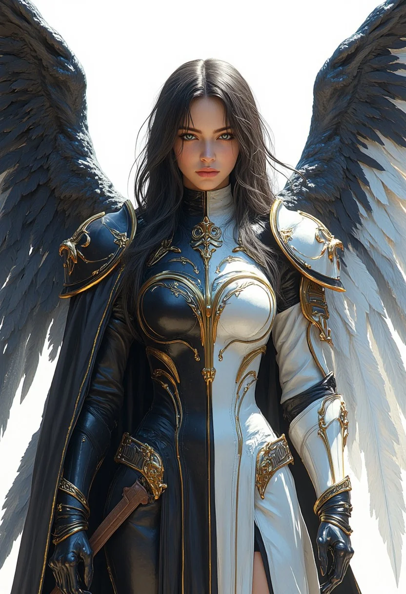 (1girl:1.2),wings,(solo:1.2),color patches,left and right different colors,contrast,with a futuristic wing, mechanical wings,wings, science fiction, eyeshadow, single mechanical arm, gloves, mecha musume, cowboy shot, left black right white, black,gold, silk stockings, hkstyle, style of epic cinematic, amazing quality