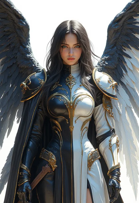 (1girl:1.2),wings,(solo:1.2),color patches,left and right different colors,contrast,with a futuristic wing, mechanical wings,wings, science fiction, eyeshadow, single mechanical arm, gloves, mecha musume, cowboy shot, left black right white, black,gold, silk stockings, hkstyle, style of epic cinematic, amazing quality