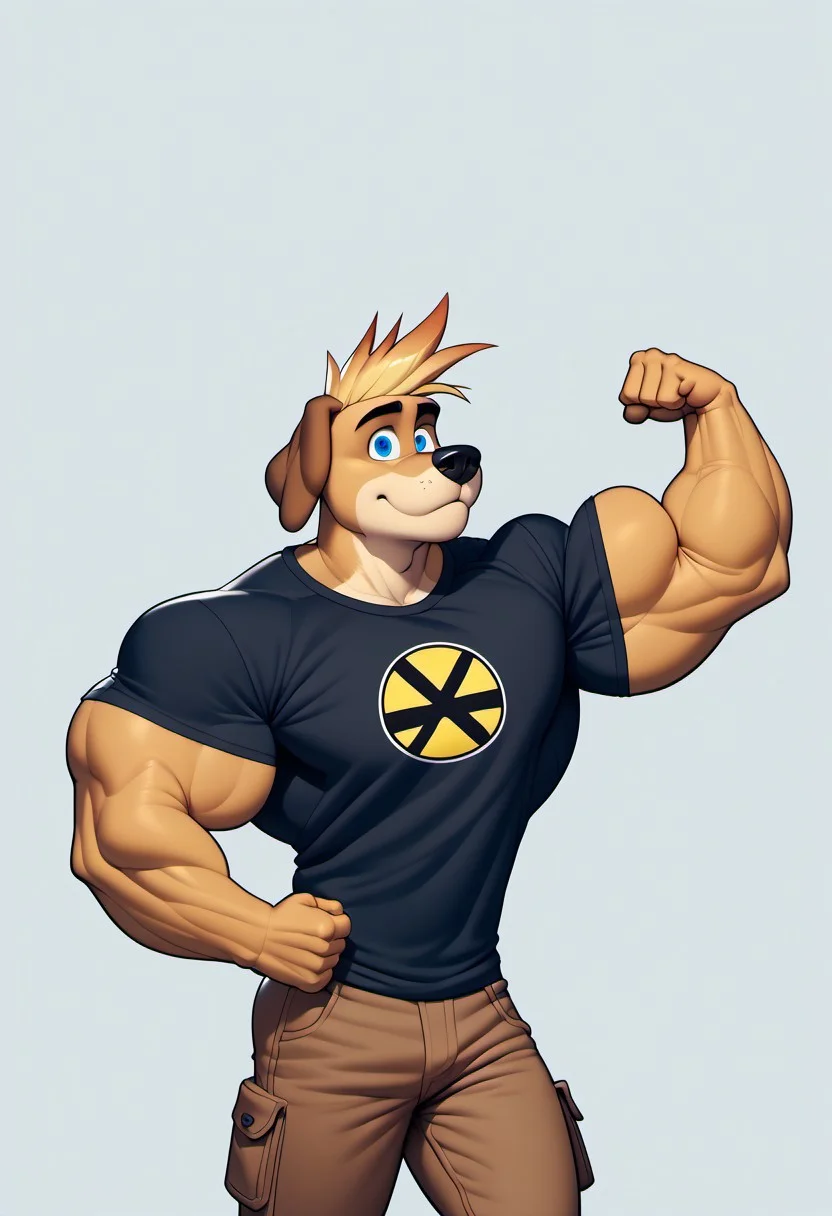 core_9, score_8_up, score_7_up, score_6_up, score_5_up, score_4_up, detailed fur, anthro male, furry male, solo, bedroom background
BREAK
JohnnyTest, solo, 1boy, blonde hair, spiked hair, blue eyes, black shirt, open blue clothes, brown pants, short blue sleeves, Dukey, solo, furry, dog ears, long ears, floppy ears, hyper muscles, hyper pecs, flexing one arm, 1arm flexing
BREAK
<lora:add-detail-xl:1.5>
<lora:DetailedEyes_V3:1>