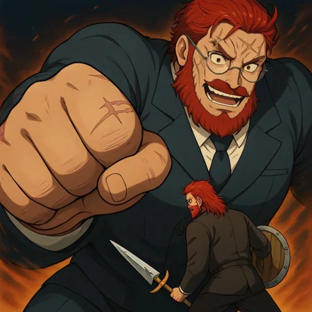 masterpiece, best quality, newest, absurdres, highres, anime, anime style, OTV1.0, OTV1.0-OPM, fist, punch, punching, incoming attack, giant, size difference, height difference
1boy, glasses, red hair, suit, round glasses, beard, facial hair, mustache, scar, scars on face


1boy, shield, spear,