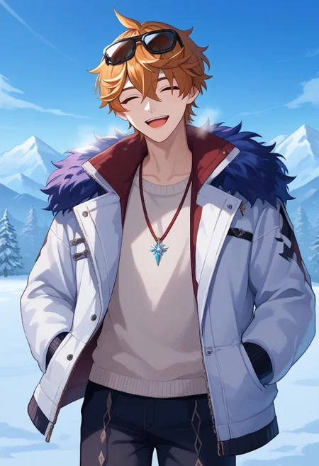 score_9, score_7_up, source_anime,
tartaglia, 1boy, male focus, solo, closed eyes, orange hair, short hair, hair between eyes, bangs, sunglasses, eyewear on head, winter clothes, jacket, white jacket, long sleeves, fur trim, open jacket, open clothes, shirt, gloves, jewelry, necklace, pants, black pants, open mouth, smile, happy,
outdoor, sky, snow, mountains,