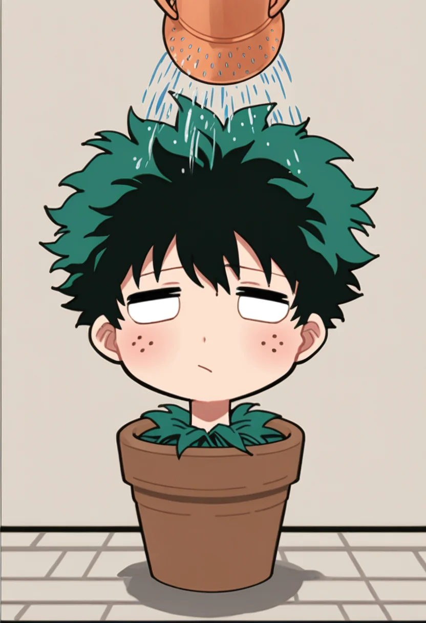 score_7_up, source_anime, uncensored BREAK
 <lora:head_in_flower_pot:1> head in flower pot, 1boy, solo, male focus, chibi, midoryia izuku, green hair, watering can
