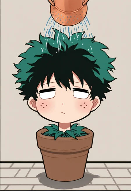 score_7_up, source_anime, uncensored BREAK
 <lora:head_in_flower_pot:1> head in flower pot, 1boy, solo, male focus, chibi, midoryia izuku, green hair, watering can