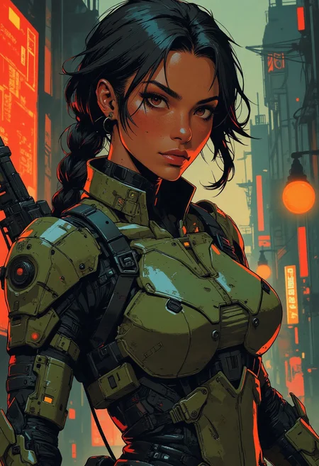 magnificent, closeup portrait, female bounty hunter, braided black hair, futuristic armor, halo spartan, spartan armor, sexy, curvy, large breasts, large ass, guns, gun, gun on back, gun in hand, Cyberpunk City, Neon Lights, foreshortening,
looking at viewer, solo, 
Cowboy Shot, close up, from above,