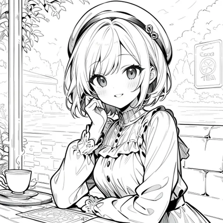 score_9, score_8_up, score_7_up, coloring page, colouring page, monochrome, solo, 1girl, short hair, parted lips, black eyes, cute dress, blouse, beret, having tea outside a cafe, smiling, looking at viewer, best quality, detailed, masterpiece