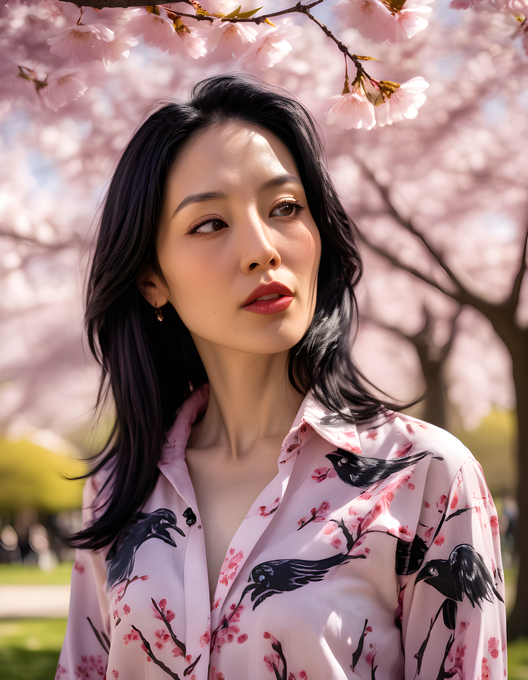 N4NCYJMM, In a vibrant, sunlit park under the canopy of a blooming cherry blossom tree, a woman with raven-black hair and an expressive face adorned in a stylish shirt, her gaze directly meeting yours, subtly purses her full lips in a thoughtful manner, creating a captivating and intimate portrait moment.