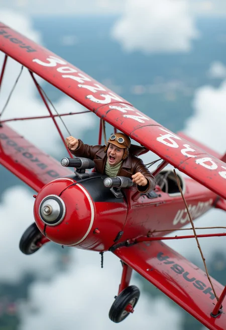 Realistic WW1 red Fokker biplane, flying above the clouds, crazy yelling pilot, goggles, leather fly cap, front view of the plane, twin machine guns firing focus, visible flying text around "buzz Buzz Buzz buzz", aidmatextimprover, tilt-shift photo, selective focus, miniature effect, blurred background, highly detailed, vibrant, perspective control