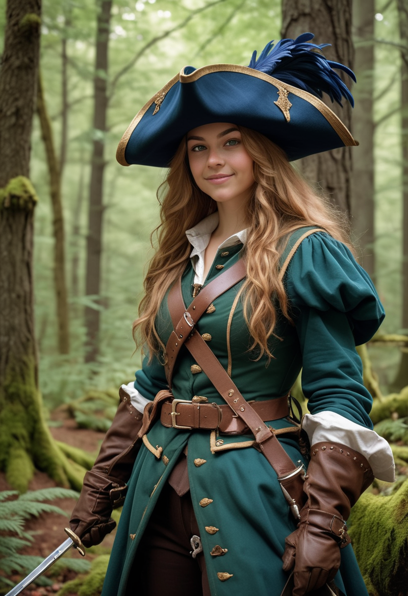 (medium full shot) of (intrepid musketeer) young woman, Average build, extra long hazel hair, canadian, tan skin, dark green eyes, wearing a feathered hat, dark blue musketeer's tabard, knee-high boots, gloves, wielding a dagger, set in  a dense ancient forest, where towering trees stretch towards the sky and the air is thick with the scent of pine and moss, woman smiling, ,Masterpiece,best quality, raw photo, realistic, very aesthetic