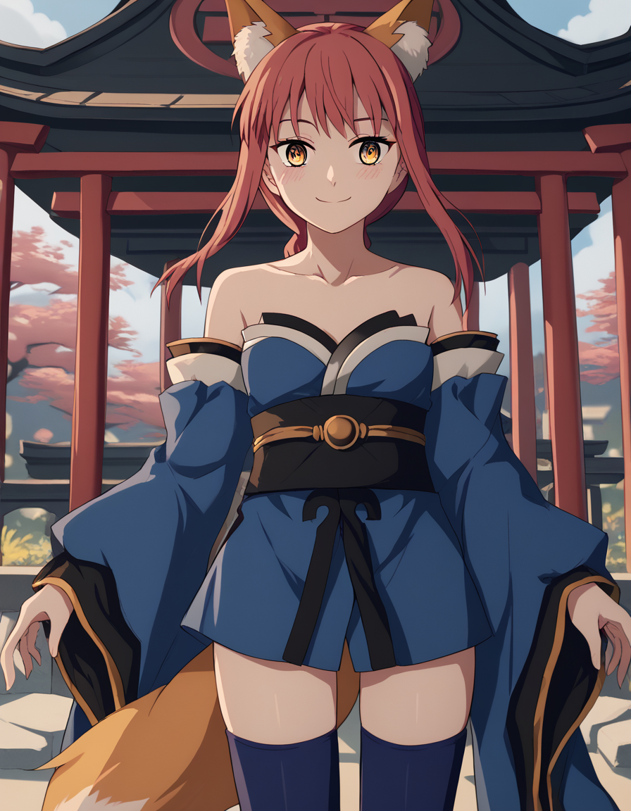 score_9, score_8_up, score_7_up, source_anime, makima, <lora:chainsaw-man-makima-s1-ponyxl-lora-nochekaiser:1> makima, long hair, smile, bangs, yellow eyes, braid, red hair, braided ponytail, ringed eyes,, <lora:tamamo-no-mae-cosplay-ponyxl-lora-nochekaiser:1>, tamamonomaecosplay, tamamo no mae \(cosplay\), animal ears, bare shoulders, blue kimono, blue thighhighs, detached sleeves, fox ears, fox tail, japanese clothes, kimono, obi, sash, collarbone, thighhighs, wide sleeves,, shrine, smile, blush,, cowboy shot, dutch angle, solo,