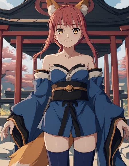 score_9, score_8_up, score_7_up, source_anime, makima, <lora:chainsaw-man-makima-s1-ponyxl-lora-nochekaiser:1> makima, long hair, smile, bangs, yellow eyes, braid, red hair, braided ponytail, ringed eyes,, <lora:tamamo-no-mae-cosplay-ponyxl-lora-nochekaiser:1>, tamamonomaecosplay, tamamo no mae \(cosplay\), animal ears, bare shoulders, blue kimono, blue thighhighs, detached sleeves, fox ears, fox tail, japanese clothes, kimono, obi, sash, collarbone, thighhighs, wide sleeves,, shrine, smile, blush,, cowboy shot, dutch angle, solo,