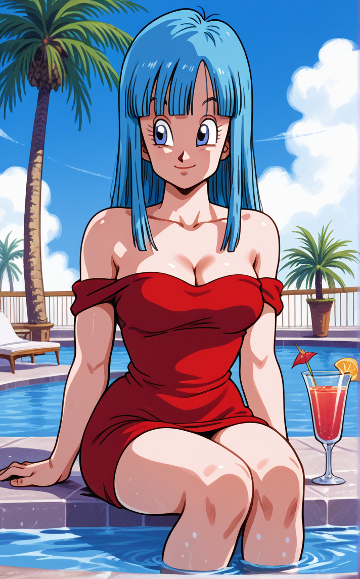 score_9, score_8_up, score_7_up, (soaking feet), pool, palm tree, outdoors, sitting, water, looking to the side, light smile, day, sidelighting, cloudy sky, partially submerged, cocktail, scenery,  <lora:PONYXL_DragonBall_Maron_ownwaifu:0.85>, BREAK RedDresbareshoulders_Maron_ownwaifu, 1girl, blue eyes, blue hair, hime cut, long hair, straight hair, blunt bangs, off shoulder, cleavage, bare shoulders, collarbone, medium breasts, eyelashes, breasts, 1990s (style), red dress, off-shoulder dress, strapless, <lora:add-detail-xl:0.15>,