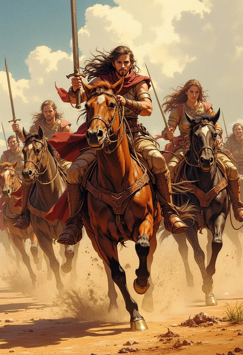 in the style of ck-mgs, a cavalry charge of barbarian amazon women in leather armour, riding mustangs on a dusty plain, weapons drawn
