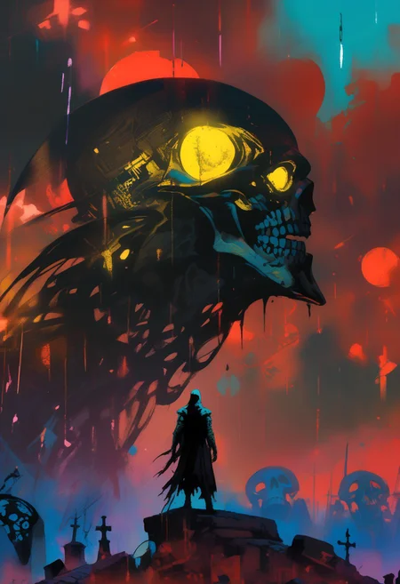 score_9, score_8_up, score_8_up, ((Cinematic composition)),((masterpiece)), (resplendent highlighting), 8k.
a cowboy summons skeletons in a graveyard. The cowboy stands by his skeletal steed, Its skeletal structure is intricately detailed. Some skeletons are half out of the ground.
The background is a moonlit night sky, with a large, full moon casting an eerie glow over the scene. Alien Spacecraft are invading and landing in the background.
Ink, Charcoal and watercolours. impressionistic. (Klimt :1.2) dadaistic collage (by Bill Sienkiewicz:1.5), strikingly alluring face. brilliant spotlight effect. Vibrant thick dripping paint. Intense detail, realistic, dynamic shadows and contrasts. Matte and faded background colours.surreal, intense colors, liquid, unreal parts, alluring, fluid, perfection, gothic. (Luminous skin dynamically highlighted), Illustration, (klimt:0.8) (Bill Sienkiewicz:1.5). maximum detail, Chinese watercolor and ink technique. Gold leaf highlights.
<lora:xl_more_art-full_v1:0.4> <lora:epi_noiseoffset2:1>3