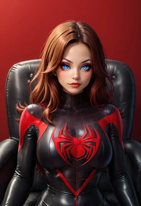 a woman, mid-length hair, brown hair, red reflection hair, blue eyes, mask, stares at the viewer with loving eyes, lying in a black and red armchair, very comfortable armchair, milessuit, mask