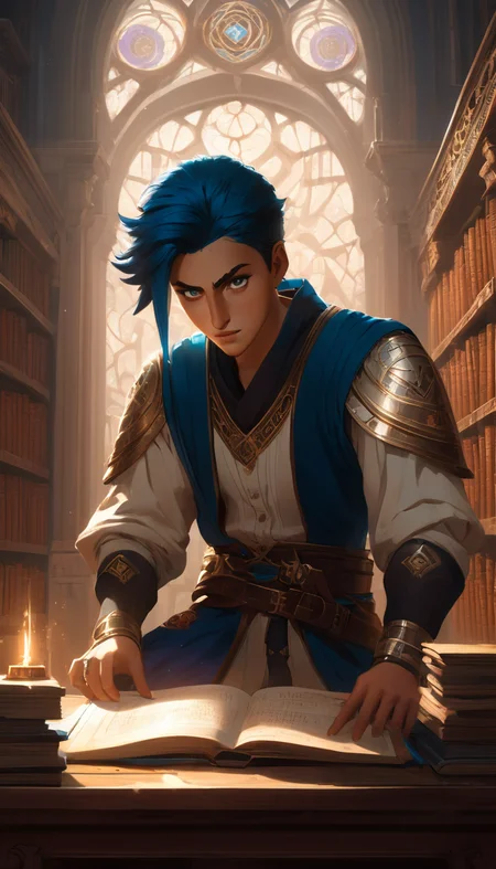 In a dimly lit library, a young scholar hunches over their desk, pouring through ancient texts written in strange languages and deciphering the secrets hidden within, hero view, action pose, extremely beautiful detailed piercing eyes, cinematic scene, scenery, detailed background, masterpiece, best quality, high quality, highres, absurdres, very detailed, high resolution, sharp, sharp image, 8k, vivid, colorful, stunning, arcane style <lora:arcance_style_xl_v1:1>