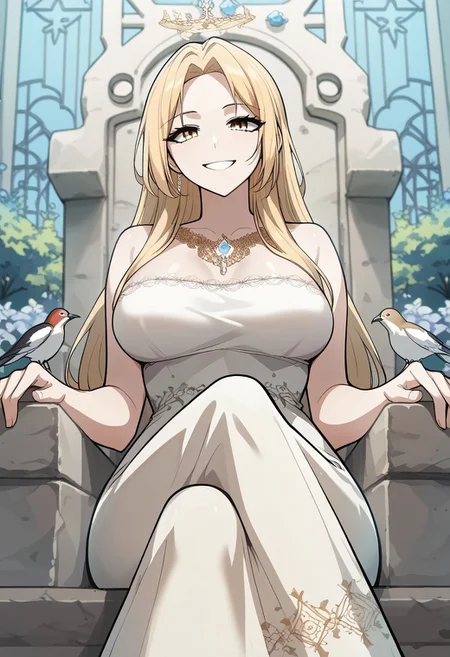 safe_pos, zPDXL3, score_9_up, score_8_up, score_7_up, (Anime_source), 1girl, Ber, yellow eyes, blonde hair, long hair, Ber-LongDress, large breast, sitting on throne, flowers, birds, feathers, cowboy shot, looking at viewer, parted lips, smile