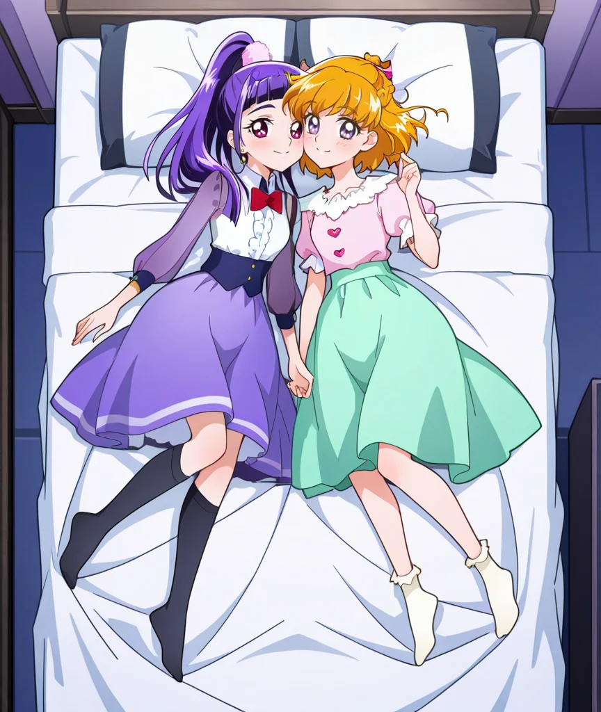 (2girls:2),
BREAK
BREAK
BREAK smile,wearing clothes,closed mouth,looking at viewer,
BREAK full body,
BREAK
BREAK
BREAK on bed,lying,
BREAK
BREAK
BREAK
BREAK blue sky,cheek-to-cheek,anime coloring,<lora:Mahou Tsukai Precureï¼~MIRAI DAYS~:1>,asahina mirai,izayoi liko,