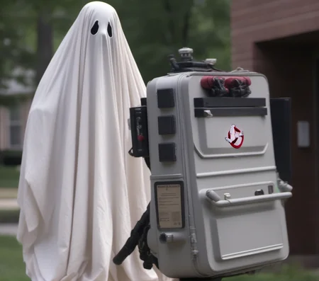 <lora:SheetGhost SDXL LoRA - Trigger with Sheetghost Person:.8> Sheetghost person( wearing a Ghostbuster's proton pack backpack:1.6) that he took from a dead ghostbuster.
