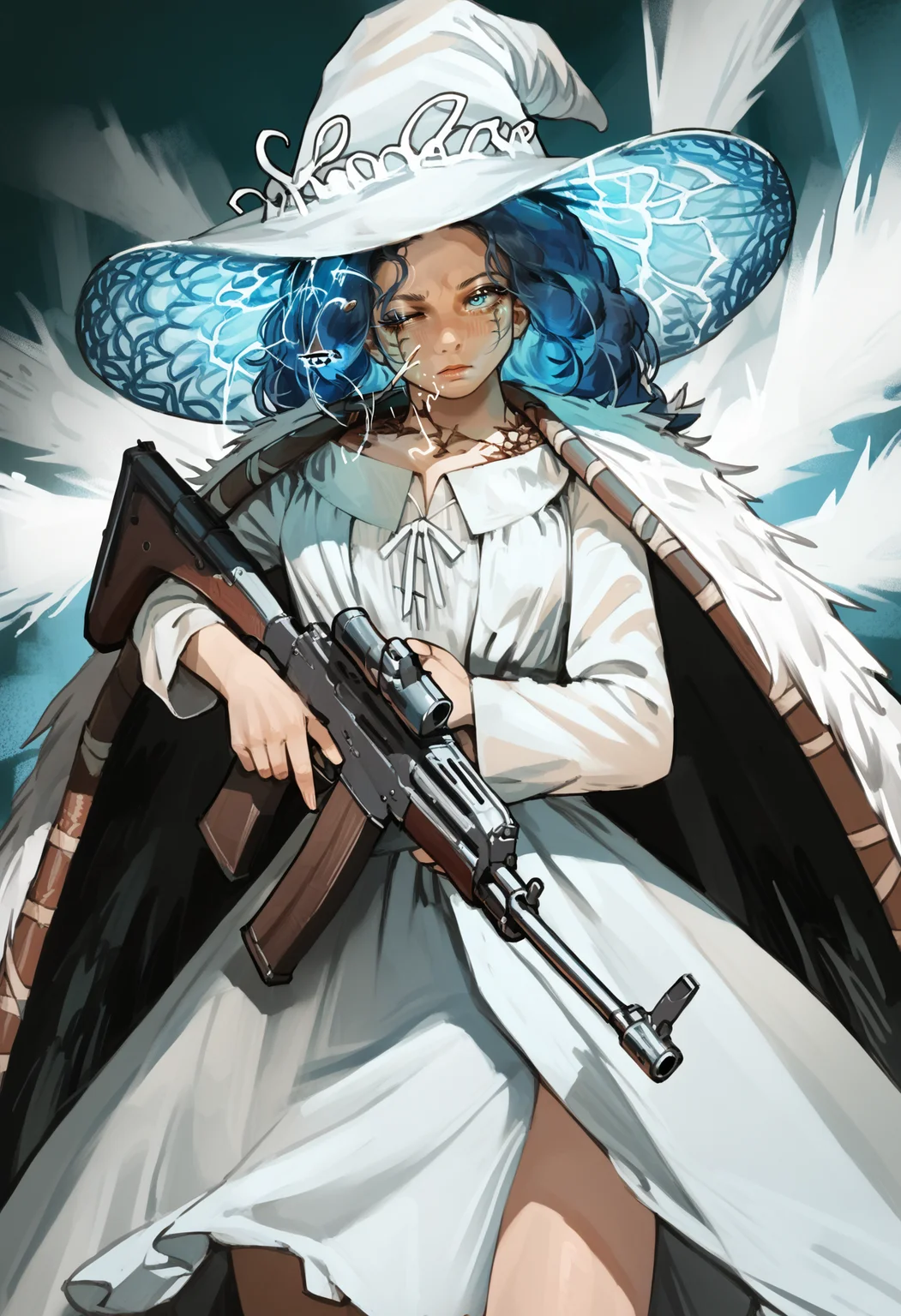 score_9, score_8_up, score_7_up, score_6_up, score_5_up, score_4_up,
<lora:EldenRingV1.1:1> 3ld3n,
extra arms, ranni the witch, 1girl, weapon, gun, hat, holding, assault rifle, solo, kalashnikov rifle, dual wielding, rifle, holding weapon, dress, ak-47, witch hat, white dress, cloak, fur cloak, holding gun, firing, shell casing, white headwear