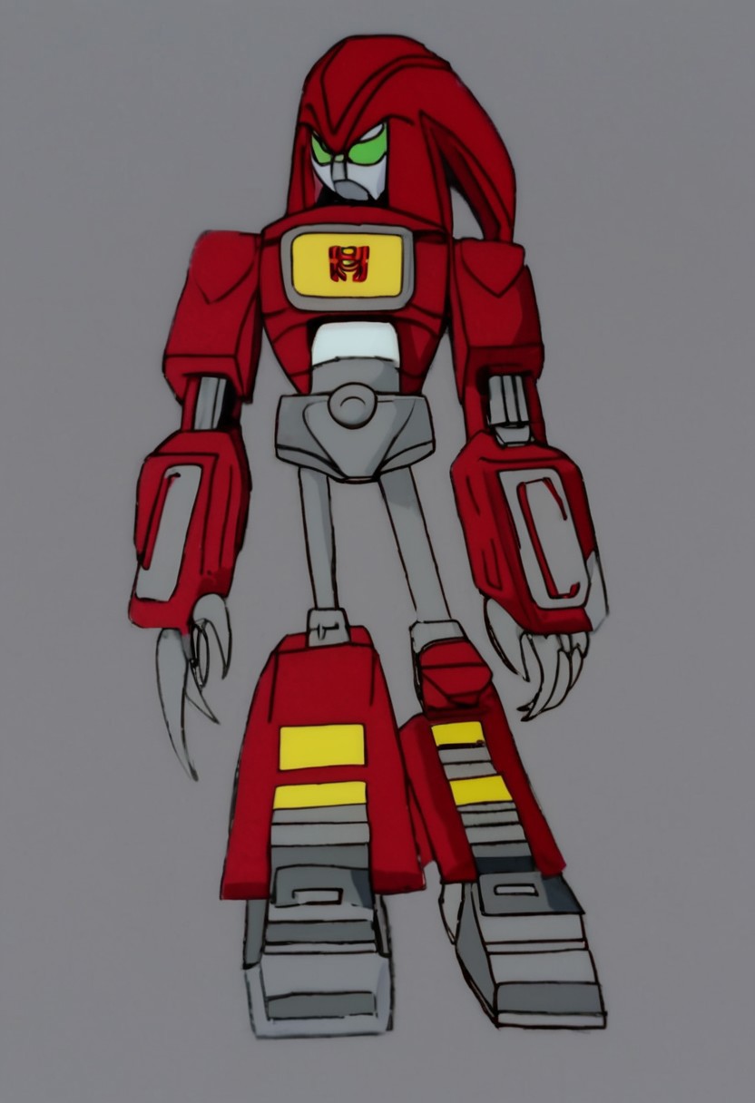 MetalKnuckles, 1boy, robot, mecha, red body, round head, medium-long metallic gray muzzle, pointy gray nose, green eyes, black sclera, colored sclera, five long strips of red metal with joints. white intake tips extending downward from the sides and back of head, red ellipsoid torso, rectangular intake with a white rim on chest, rocket exhaust on rear, gray upper arms, red forearms, long and thick paws with two gray and sharp claws for fingers, white rims around the claws, yellow circles on the back of the paws, gray upper legs, red lower legs, red shoes, green cuffs, yellow stripes across the middle, dark gray soles, and bolted gray plates on top of feet, solo, full body, Transformers, Animation, <lora:Transformers 86 FT:1>