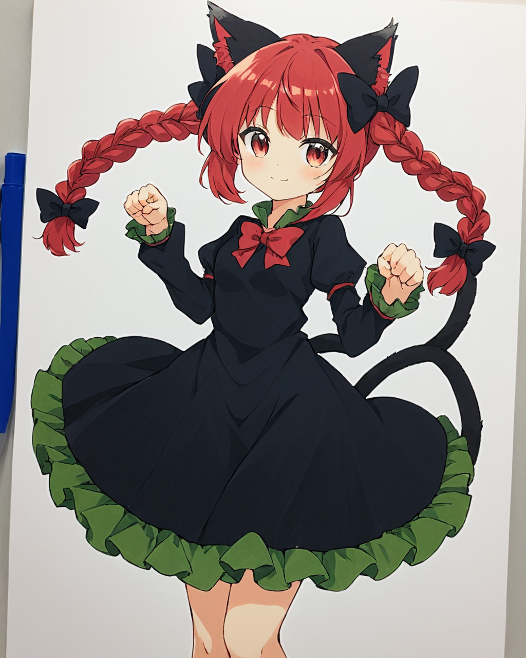 kaenbyou rin,1girl, solo, twin_braids, paw_pose, fire, traditional_media, :3, cat_tail, hair_bow, looking_at_viewer, black_bow, two_tails, juliet_sleeves, marker_\(medium\), frills, v-shaped_eyebrows, nekomata, closed_mouth, black_dress, smile, red_bowtie
<lora:kaenbyou_rin_image6792_2023-12-20:1>,star-shaped_pupils,symbol-shaped_pupils,. gorgeous,key visual, vibrant, studio anime,award-winning, professional, highly detailed,high budget, cinemascope