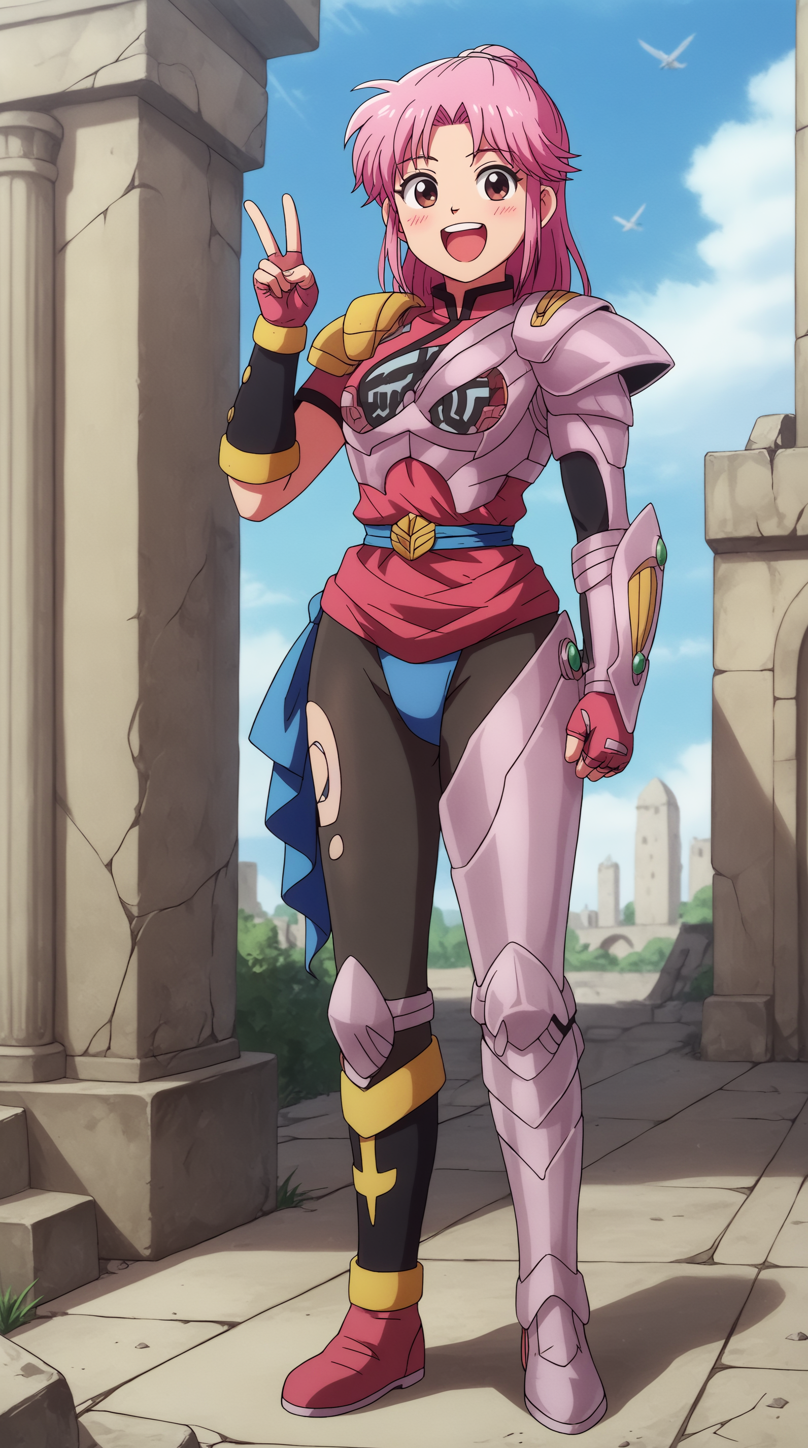 score_9, score_8_up, score_7_up, best background, detailed background, 4k, upscale, anime_source,  Maam, Armor Clothes, solo, day, outdoors, ruins, full body, v sign, blush, happy,  <lora:JN_Maam_Pony:0.8>