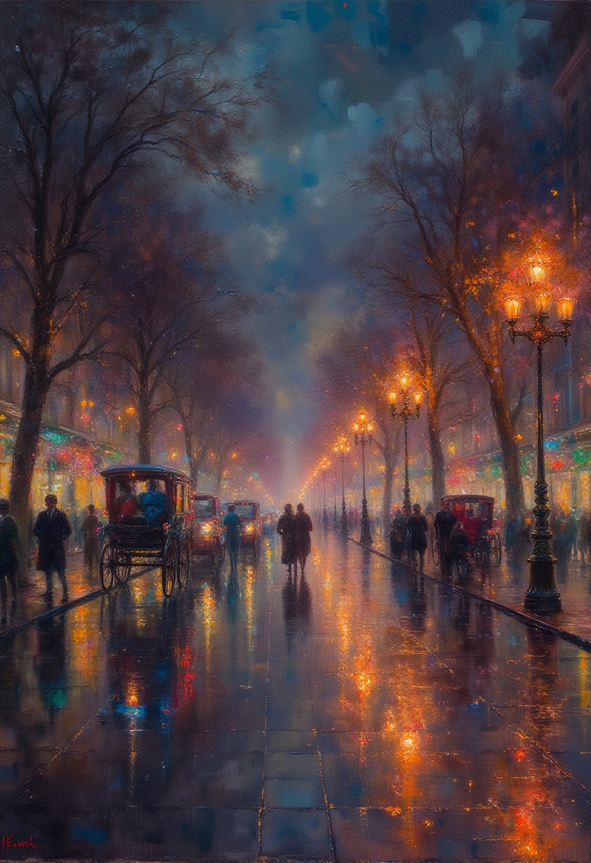 Camille Pissarro, Boulevard Montmartre at Night,
The image shows a bustling city street illuminated by soft streetlights. Carriages and pedestrians fill the street, and the glowing lights cast a golden hue on the wet pavement.
city street, streetlights, carriages, pedestrians, glowing lights, wet pavement, bustling, night scene