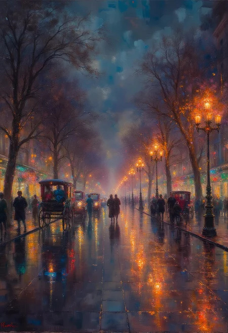 Camille Pissarro, Boulevard Montmartre at Night,
The image shows a bustling city street illuminated by soft streetlights. Carriages and pedestrians fill the street, and the glowing lights cast a golden hue on the wet pavement.
city street, streetlights, carriages, pedestrians, glowing lights, wet pavement, bustling, night scene