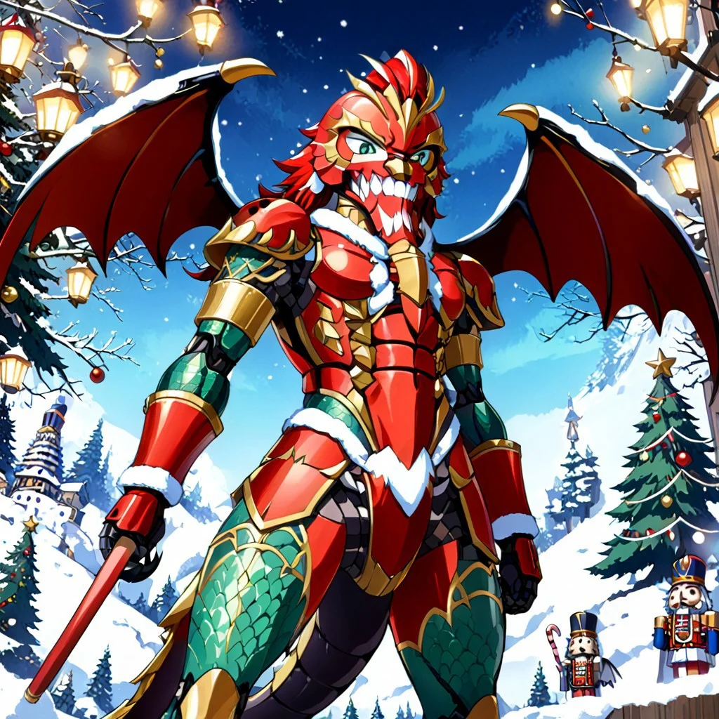 retanime, Mike Deodato, midjourneyv6.1, nutcracker, hyper-detail, hyper-realism, cinematic, intricate detail, detailed background, masterpiece, best quality, high quality, highres, absurdres, very detailed, high resolution, sharp, sharp image, aesthetic, Score_9, score_8_up, score_7_up, score_6, source_anime, vibrant, colorful, retro_artstyle, 1990s_(style), A majestic Western dragon with the iconic silhouette of powerful wings, a serpentine tail, and massive claws, designed in the whimsical style of a traditional nutcracker. Its body features glossy, painted wooden segments with visible joints at the legs, tail, and wings, mimicking the craftsmanship of a classic nutcracker. The dragon’s face is detailed with a large, mechanical jaw that opens like a nutcracker's, revealing teeth designed for cracking walnuts. Its scales resemble intricately painted patterns in festive reds, greens, and golds, with a touch of metallic sheen. The wings are broad and bat-like, appearing as wooden panels with decorative carvings and holiday accents. The dragon’s eyes glimmer with a mischievous holiday spirit, and it holds a candy cane staff or a pile of cracked nuts in its talons. The setting is a snowy, festive landscape with twinkling lights and a towering Christmas tree in the background, emphasizing the holiday theme