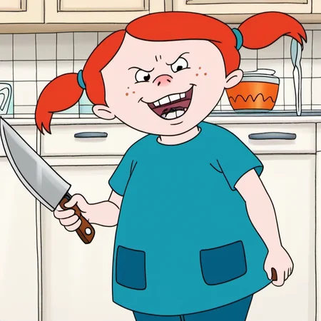 solo, 1girl, vvhh1, child, little girl, orange hair, twintails, freckles, open smile, aqua shirt, blue pants, holding up large knife, standing, official style, kitchen, <lora:vvhh1:1>,