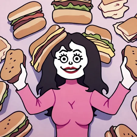 score_9, score_8_up, score_7_up BREAK ValeAyV, 1girl, wavy black hair, black eyes, pale skin, red lipstick, long-sleeved pink dress, high-heeled red shoes, surrounded by sandwiches, cartoon, source_cartoon, sandwiches everywhere, happy, smiling, joyful,