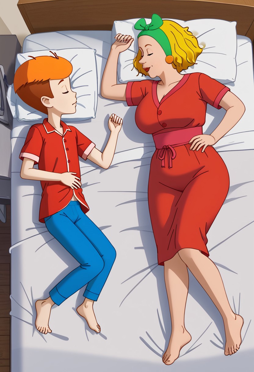perfect hands, detailed, bedroom interior  , huge wide long mattress , dark, night, two characters, couple boy and woman, prostokvashino, black eyes,  couple with size difference, shorter male, bigger female, barefoot, 
(margo, woman with short blonde hair and green hairbow, busty milf in red nightie robe,  ).
(fyodor, shorty undersized boy with short orange hair, boy in blue pajamas, ).
couple lying on bed, couple sleeping on bed, high  angle side view from above, boy grabbing woman with waist, , seductive scene, full body contact,