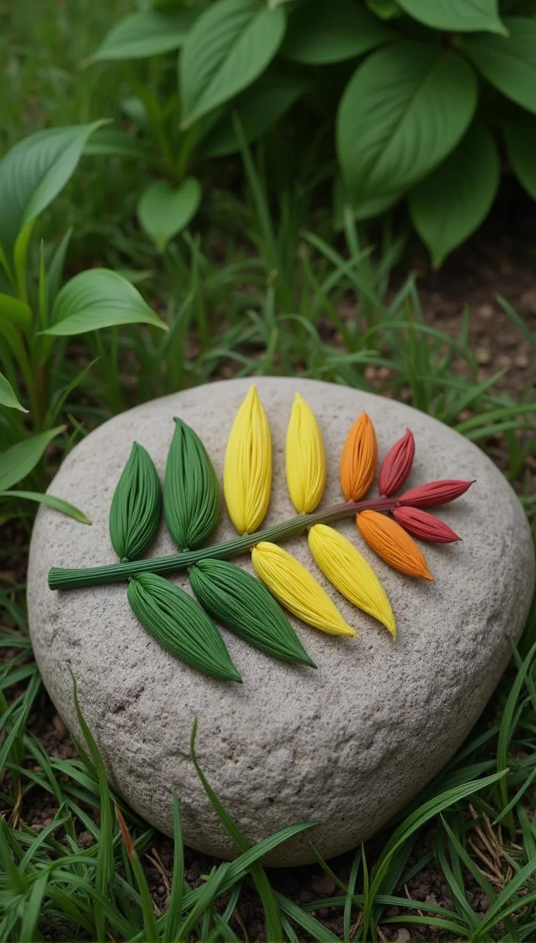 <lora:flux-licoricestyle.safetensors:1> made out of Licorice, A fantastical creature with striped, animal-like features, blending the familiar with the exotic.
In this photograph, six delicate leaves lie on a round stone in a natural garden setting. The leaves are arranged horizontally, showcasing three green tops, two yellow middles, and one reddish-orange bottom. A rough-textured stone provides an interesting contrast to the smooth surface. The focus is shallow, with blurred grass and leaves in the background. The lighting is soft and unfiltered, capturing every detail of this peaceful scene.